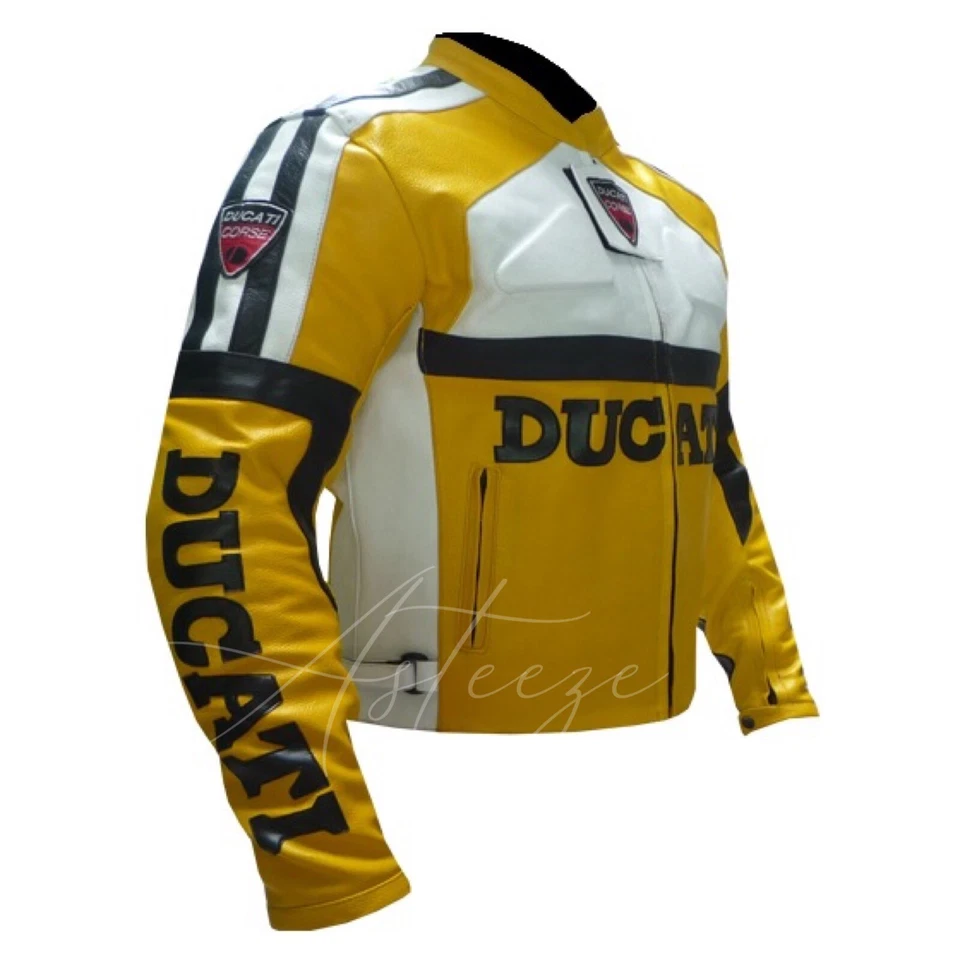 Men's Motorcycle Motorbike Jacket Ducati Biker Leather Coat Yellow Racing Gear - Image 3 of 4