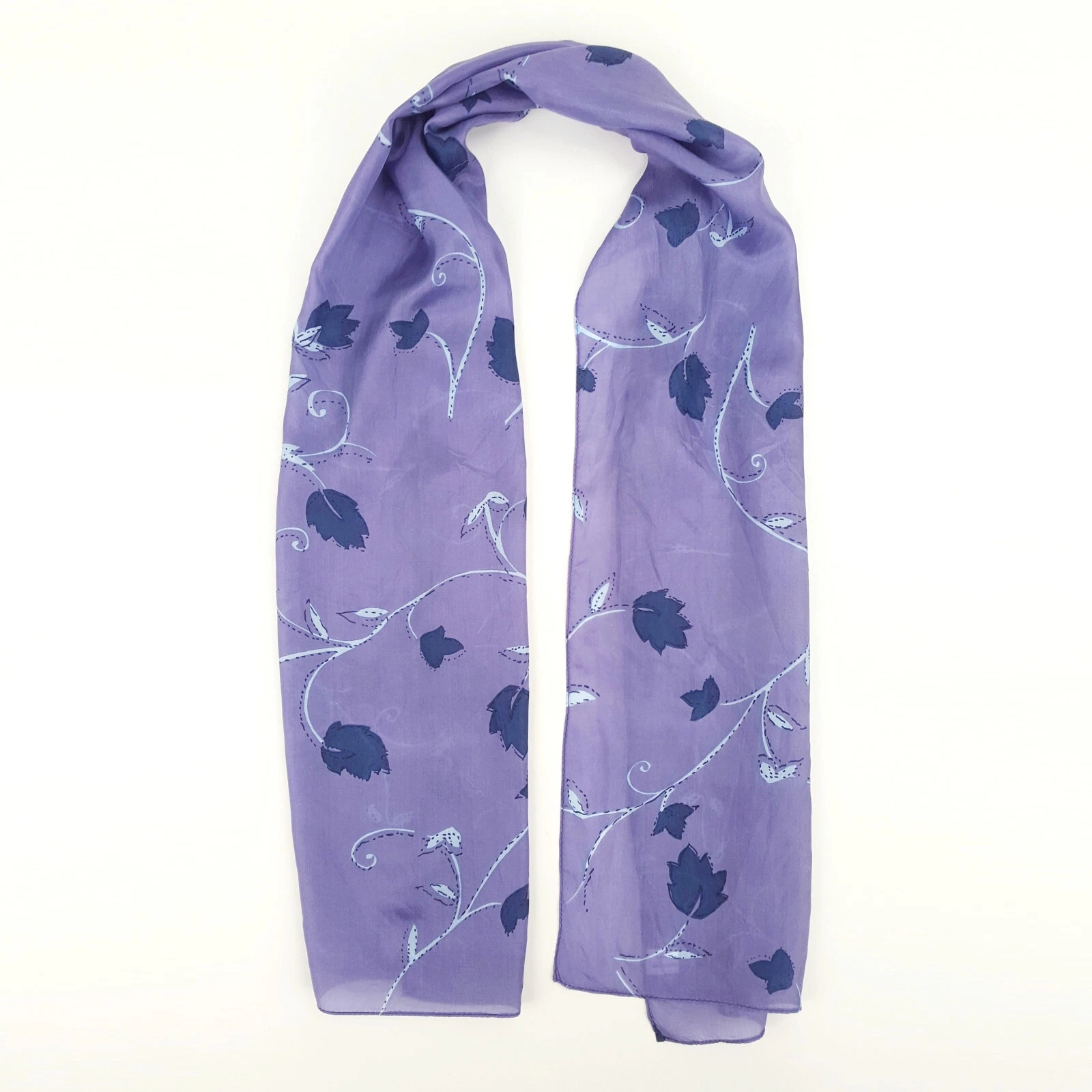 Écharpe longue étole en mousseline de soie imprimé feuilles de vigne violet 53 x 13,5 pouces 135 x 35 cm