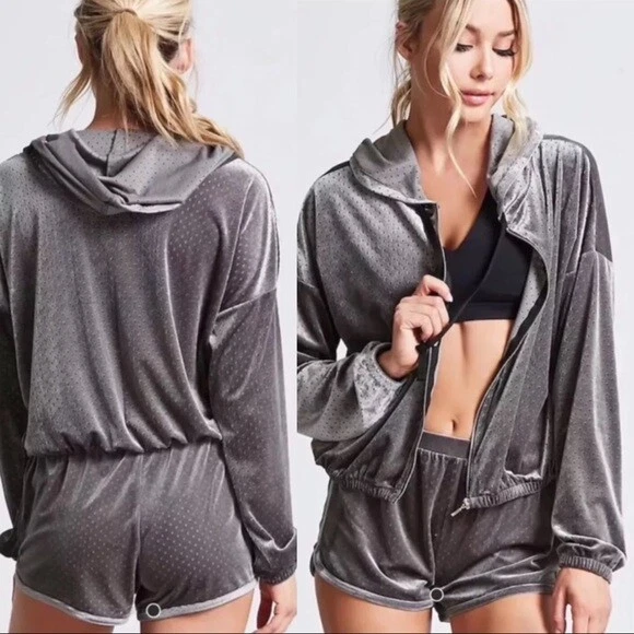 Forever 21 Grey Perforated Velvet Hoodie Velour Medium Sweatshirt