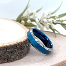 6mm Silver & Blue Tungsten Ring High Polished Edges Engraved Band For Christmas