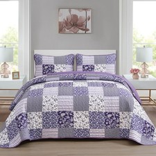 Purple Quilt Set King Size Quilt Bedding Set Brown Plaid,3 Pieces Floral Patc...
