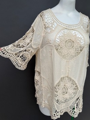 NEW Latitude Womens 1X Boho Lace Crochet Cream Ecru Blouse Flowing Bell Sleeve