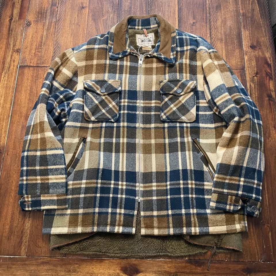 Jaqueta Woolrich Masculina Vintage XL Azul Marrom Xadrez Lã Sherpa Forrada Zíper Frontal - Imagem 2 de 4