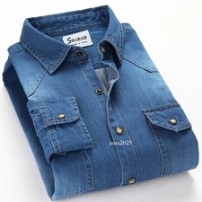 Double Pocket Button Cotton Denim Shirt High Quality Men Slim Long-sleeved Shirt