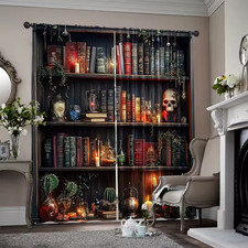 Window Curtains Polyester Light Filtering Gothic Bookshelf Print Home Curtains 