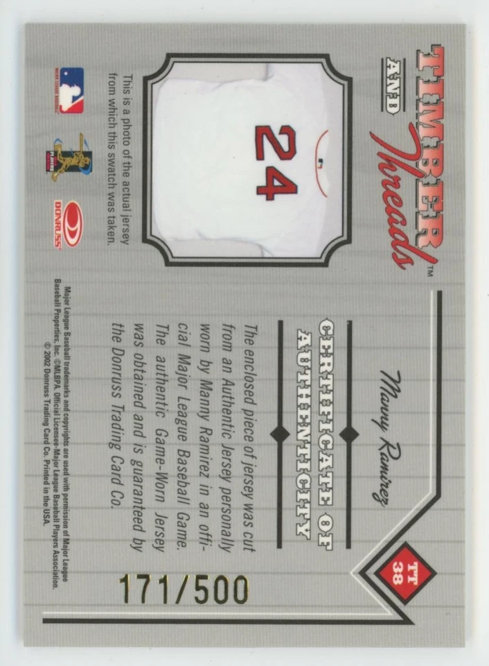 Manny Ramirez 2003 Donruss Timber & Threads /500 Jersey #TT-38 Boston Red Sox - Image 2 of 3