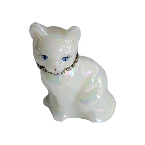 EUC Cat Fenton Art Glass Figurine Opalescent Signed M. Husk April Month