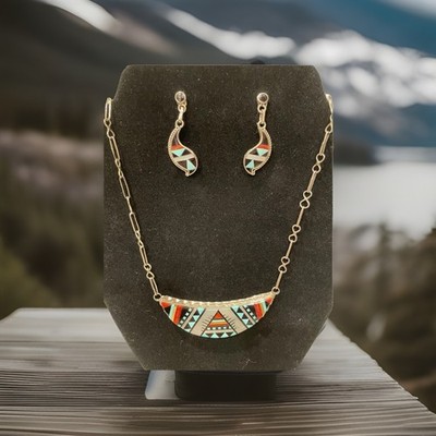 VINTAGE Zuni VERA HALUSEWA Turquoise Coral MOP Onyx Sterling Set Signed 16  29g
