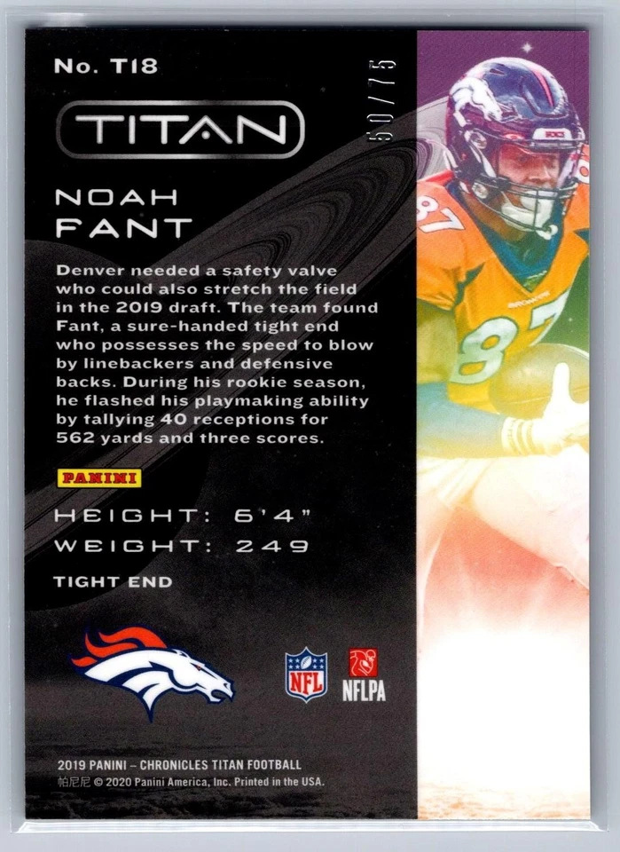 Noah Fant 2019 Titan Rookie Blue /75 #T18 - Image 2 of 2