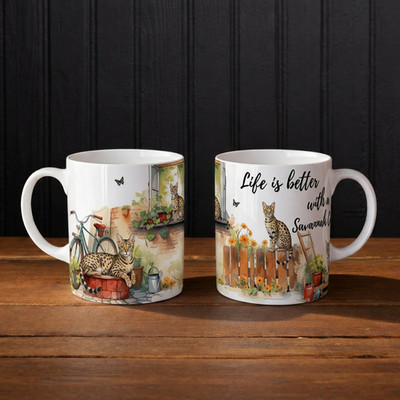Personalised Savannah Cat Mug | Custom Pet Name | Hand Printed Spotted Cat Gift