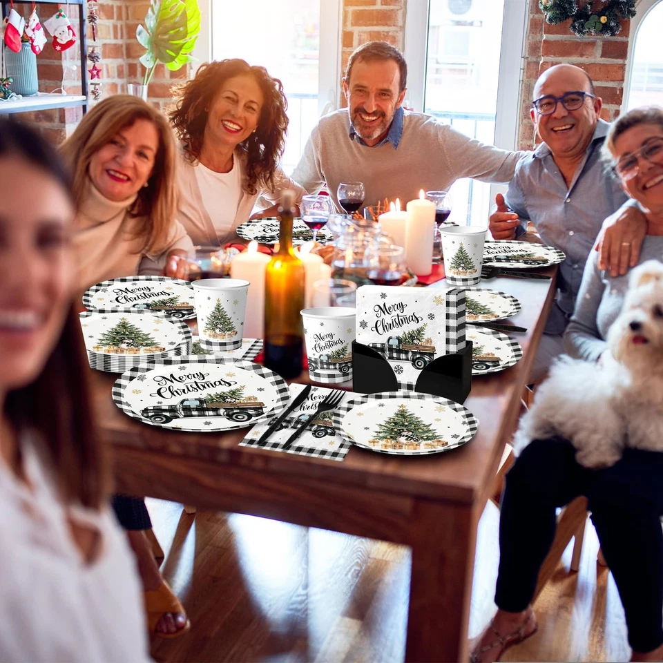 Juego de vajilla y servilletas de papel navideño de 144 piezas negro y... Foto 3 de 4