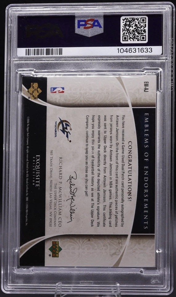 2005 Exquisite Antawn Jamison Auto Patch /15 PSA 6 Emblems of Endorsement Pop 1 - Image 2 of 2