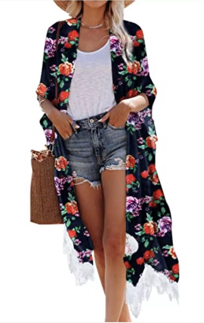 Hibluco Women s Summer Chiffon Floral Kimono Cardigan Long