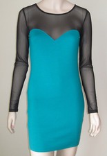 NWT FOREVER 21 Black Teal Blue Bodycon Dress Size M Long Sleeve Mesh Upper
