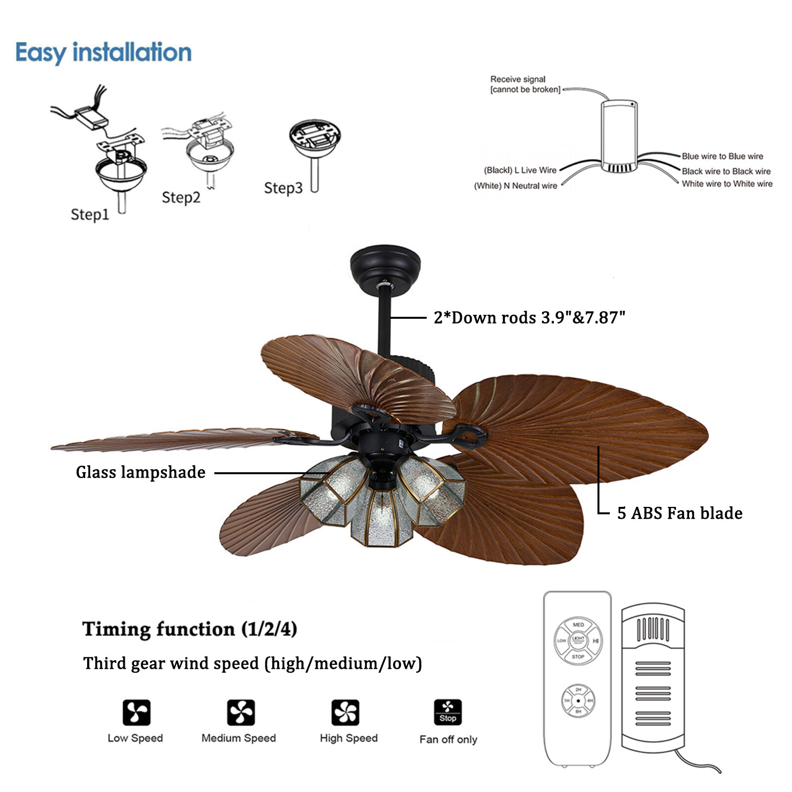 52'' Ceiling Fan w/ LED Light With Remote Control 5 Blades Tropical Palm Leaf