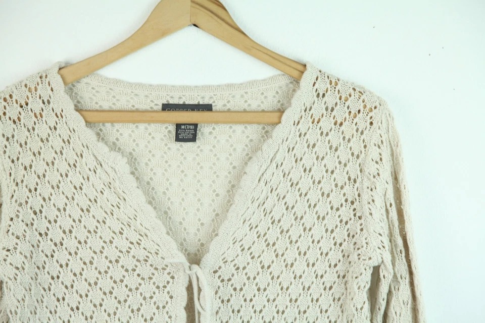 Cardigã de crochê Copper Key médio frente amarrada anos 90 cowgirl costeira boho Y2K Ramie - Imagem 2 de 4