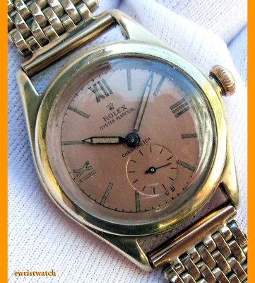 1940's Rolex Oyster Perpetual Bubbleback Solid 9K Gold Salmon Sub Second Dial