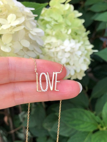 925 Sterling Silver Cz Gold LOVE Pendant Necklace Written Word 16mm 17.25" - Picture 2 of 10