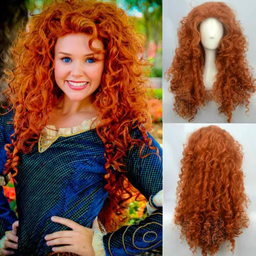 Movie Wig Brave Merida Long Curly Red Brown Cosplay Wigs F63