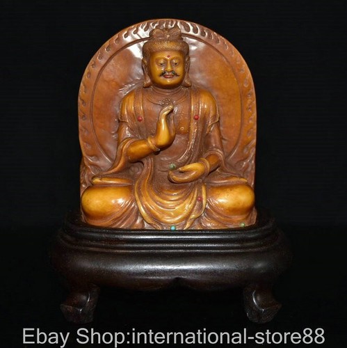 3.6" Marker Old Chinese Shoushan Stone Inlay Gem Carving Buddha Sculpture