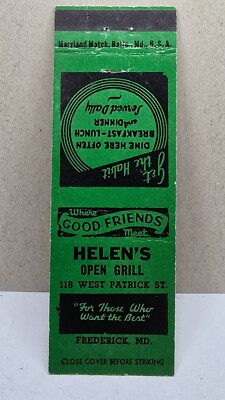 Vintage Matchbook Helen s Open Grill Frederick Maryland MD Patrick Street Diner