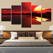 Red Sky Sunset Lake Scenery 5 Piece Canvas Print Wall Art Poster Home Decoration