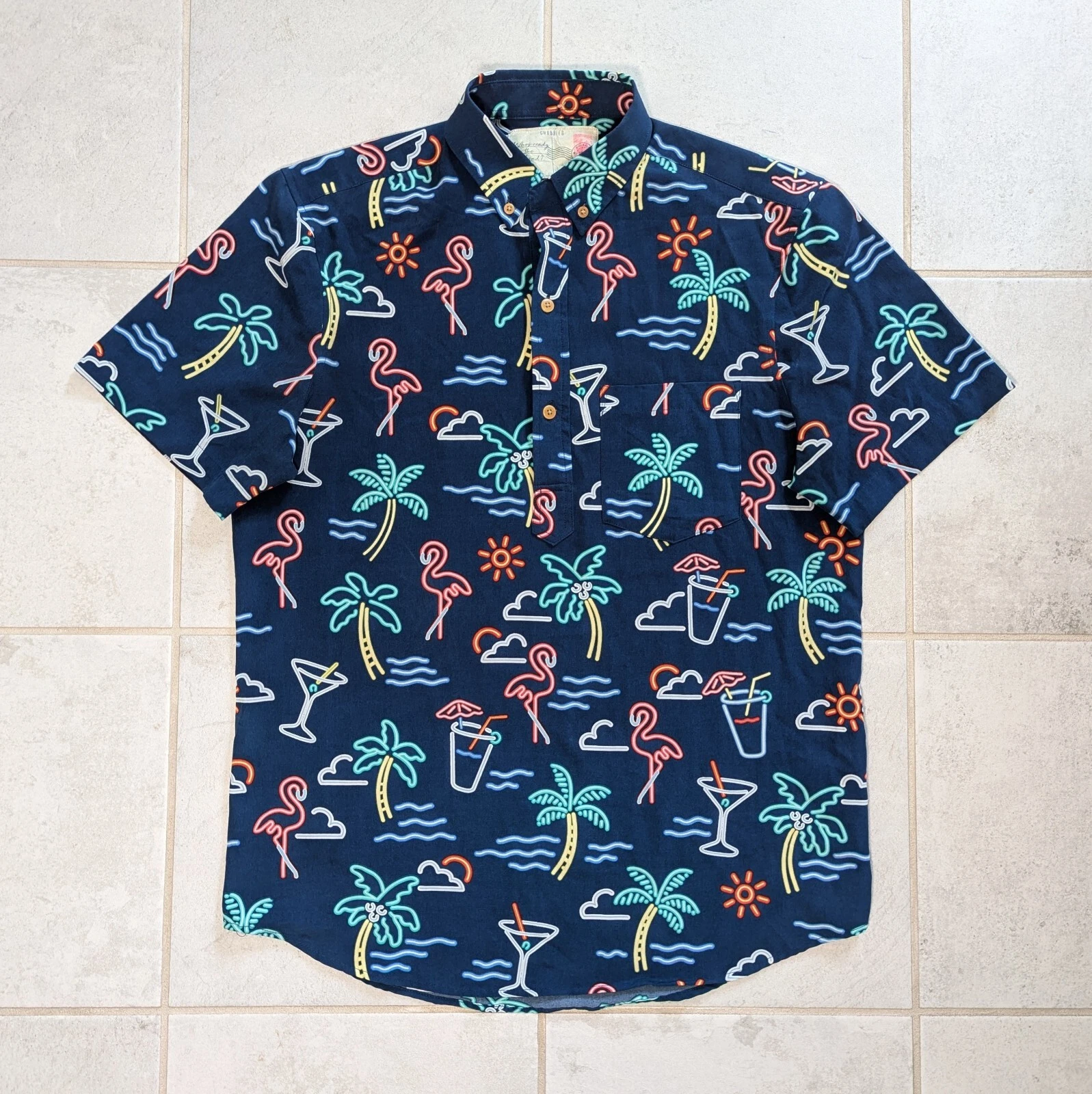 Chubbies Men's Small Button Down Shirt Hawaiian Palm Tree All Over Print Stretch