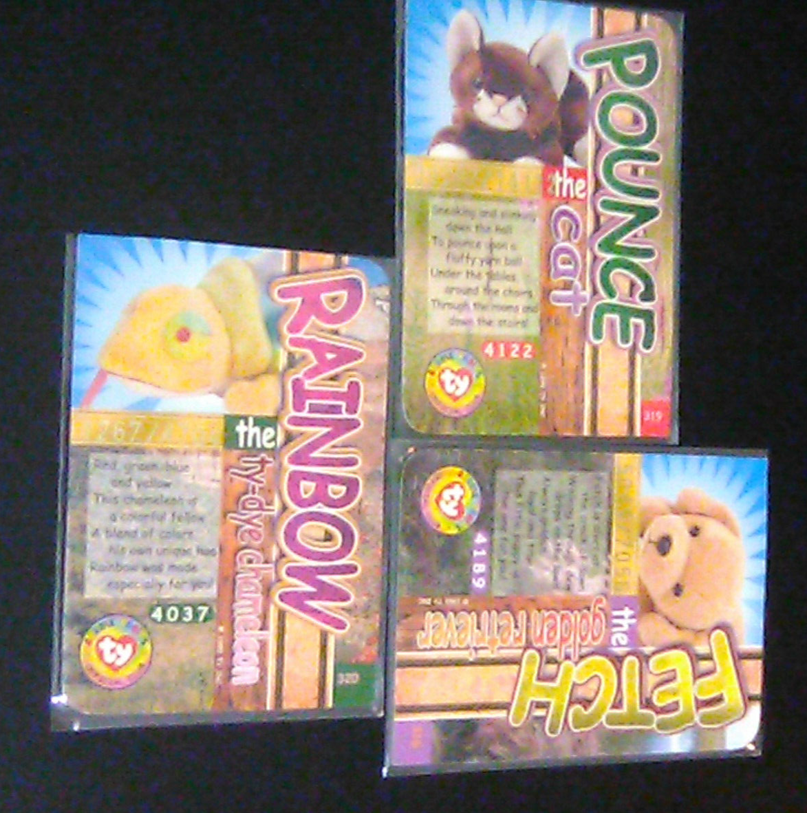 Beanie Babies Retired Silver Rainbow Orange Pounce Purple Fetch Ty Cards Series4-image