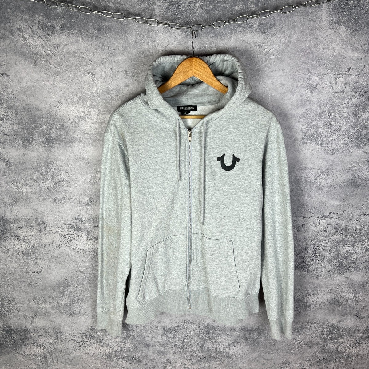 True Religion Hoodie XXL Men's Grey Full Zip Big Back Logo