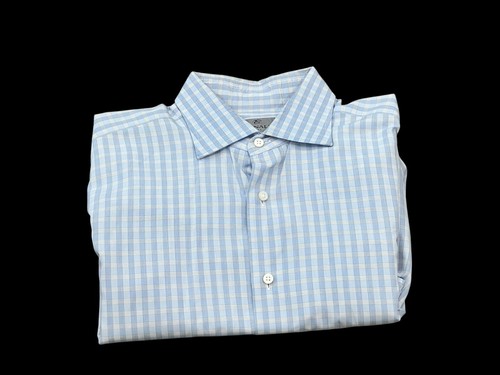 MEN'S CANALI ITALY BLUE PLAID CHECK EXCLUSIVE BUTTON DOWN DRESS SHIRT 41 16 - Picture 2 of 9