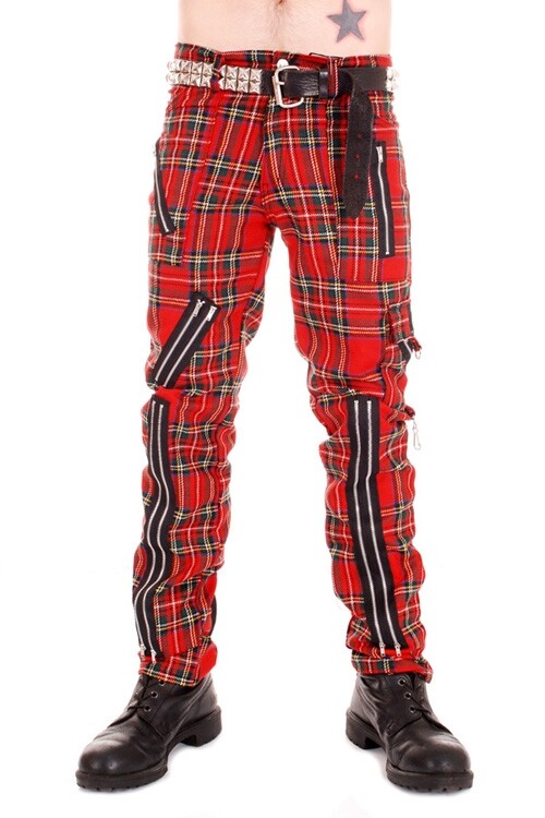 Pantalones de Tartán Lanudo Rojo Bondage Cremallera Punk Rock Tiger of London Para Hombre.