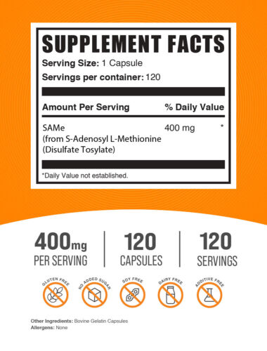 BulkSupplements SAMe S-Adenosyl-L-Methionin Kapseln - 400 mg pro Portion - Bild 2 von 4