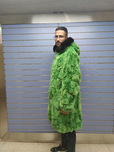 Luxury Green Rex Rabbit Fur Mens Coat Real Fur Green Coat With Hood And Fox Trim - Picture 6 of 9
