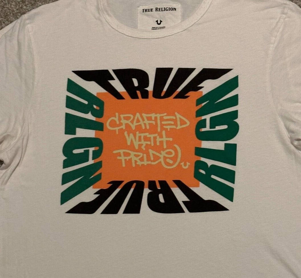 white and orange true religion shirt