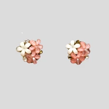 Pink Floral Cluster Stud Earrings Vintage Glass Flower Rhinestone Accent