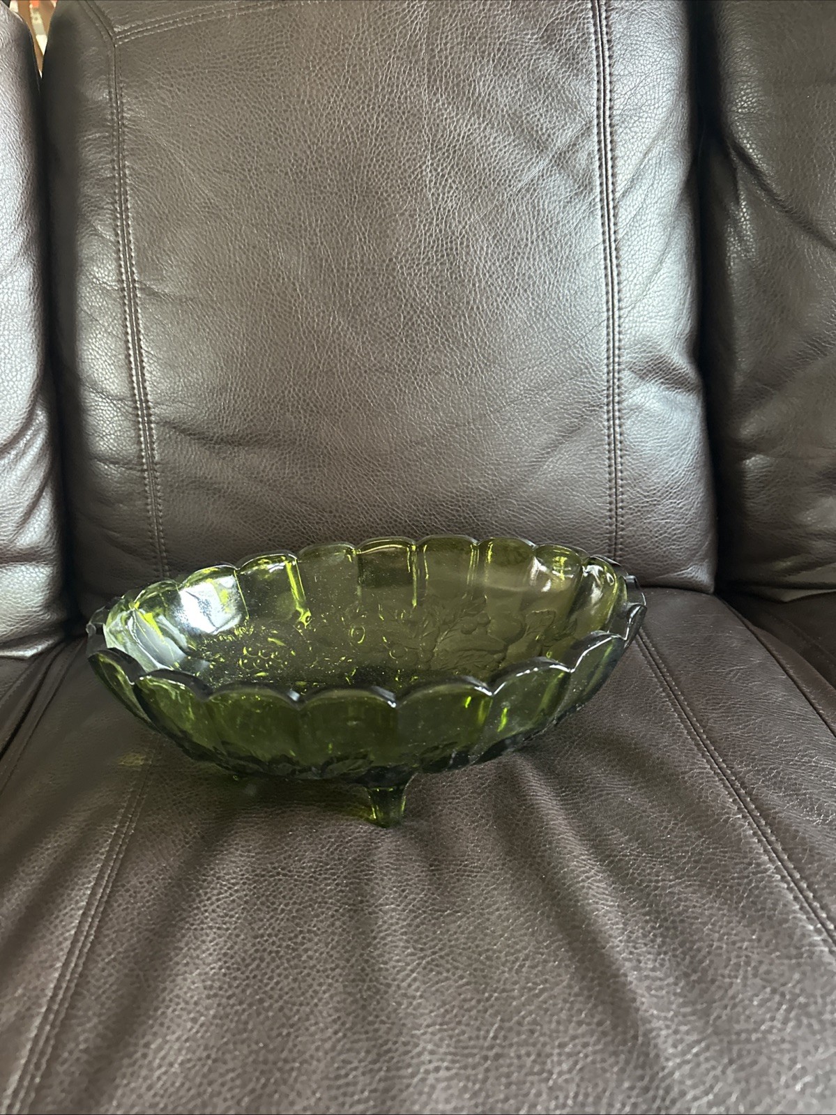 Indiana Carnival Glass Green Bowl Iridescent Grapes Fruit Footed Oval Large 12x9