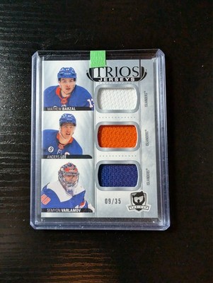 2021-22  The Cup Trios Jerseys Mathew Barzal, Anders Lee, Semyon Varlamov #/35