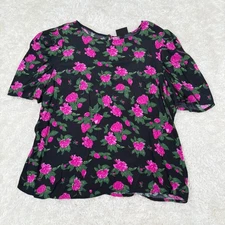 Who What Wear NWT S Floral Blouse Puff Sleeve Top Black Pink Roses Romance Date