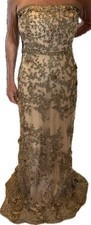 gold formal beaded gown with train size 10 with flexible sizing