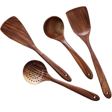 4 Pcs Teak Wood Spatulas Spoon Set, Nonstick Natural Wooden Kitchen Utensils