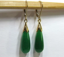 Dark Green Jade Teardrop Dangle Drop Leverback Earrings 14K Yellow Gold Filled