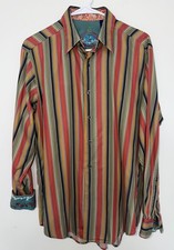 Robert Graham Button Up Shirt Men Striped Floral Embroidered Flip Cuff Top MED