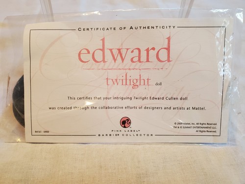 Mattel 2009 Edward Twilight Barbie Doll Pink Label Certificate Of Authenticity - Picture 2 of 8