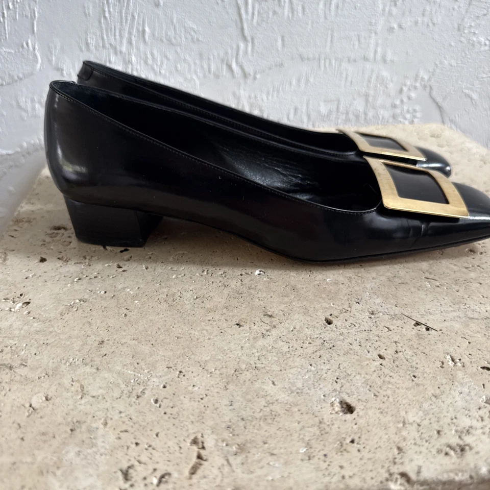 Винтажные туфли-лодочки Brooks Brothers с золотой пряжкой из черной овечьей кожи на каблуках 8,5 - Изображение 3 из 4