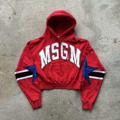 MSGM Logo Hoodie Womens  Small Crop Embroidered Star Spellout Red Pullover