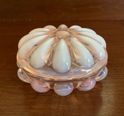 Fenton Pink Opalescent Teardrop Powder Box-Vintage Vanity Accessory
