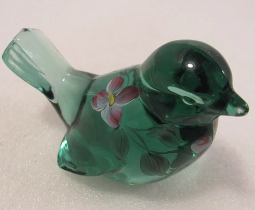 Fenton Art Glass Song Bird Dark Green Clear Flowers Painted By D Anderson 3.5"