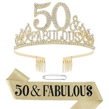 50th Birthday Decorations - Sash, Tiara  Crown for Fabulous Women - Gold