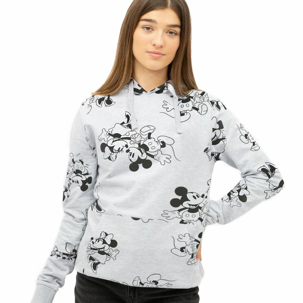 Official Disney Ladies Minnie & Mickey Mouse AOP Hoodie Grey S - XL