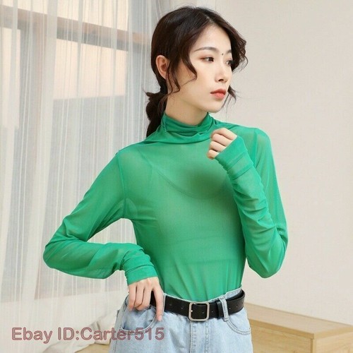 Lady Mesh Blouse See Through Sheer Tops Long Sleeve Turtle Neck Thin Sexy Casual - Picture 14 of 29